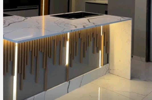 Illuminated Waterfall Island & Kitchen Countertops